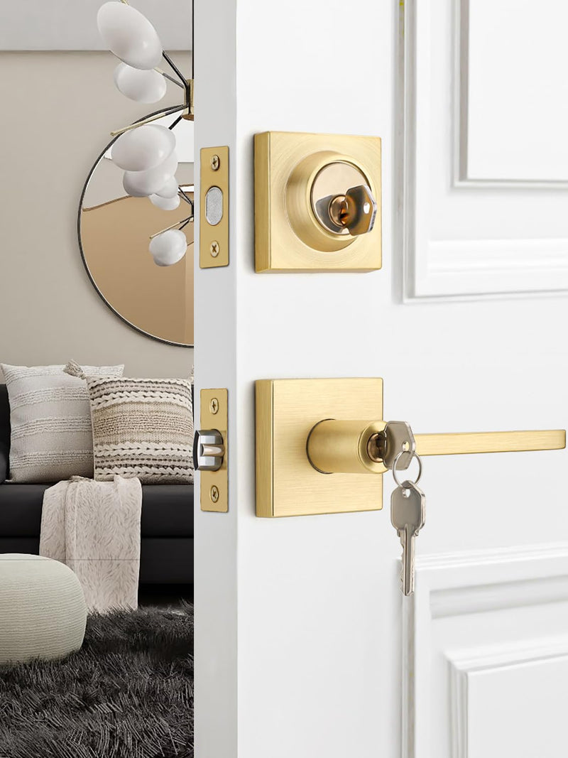 EHOMEWARE 1 Set Entry Door Handle and Single Cylinder Deadbolt Lock and Key Combo Pack - Heavy Duty Square Locking Lever Set - Interior/Exterior Door Levers in Satin Brass Finish Entry Door Lock with Single Deadbolt Cylinder