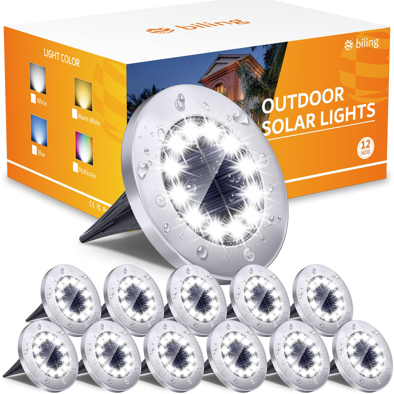 Biling Solar Outdoor Lights 12 Pack, Bright 12 LEDs Solar Ground Lights Waterproof, Flat Landscape Lighting Solar Powered for Yard Walkway Pathway Garden Driveway (White) White