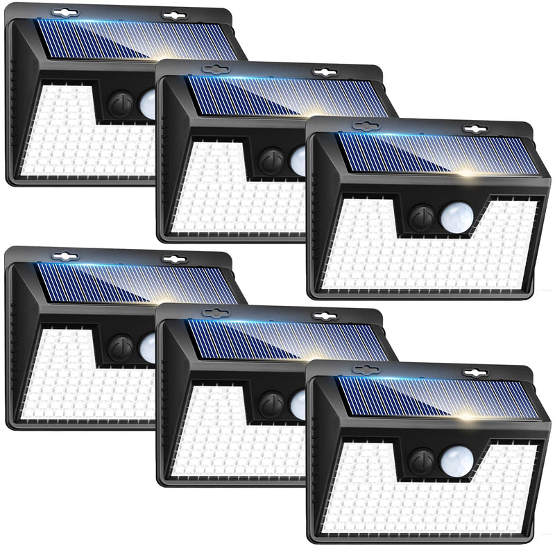 Peasur Solar Lights Outdoor Motion Sensor, 6 Pack 140 LED Solar Powered Fence Light Waterproof, 3 Modes Solar Security Wall Lighting for Outside Yard Deck Garden Black Frame