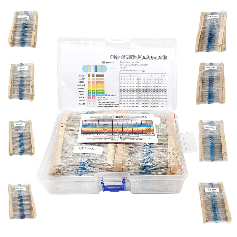 3120pcs 156 Values Metal Film Resistor Kit Minidodoca 1 Ohm-10M Ohm 1/4W 0.25 watt ±1% Tolerance Fixed Resistors Assortment Kit RoHS Compliant 100 1000 1k 10k 100k ohm Resistor Pack for DIY Projects 1/4 watt-156 values-3120pcs