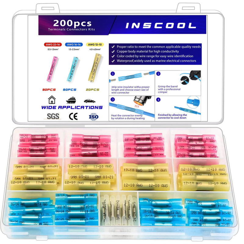 200pcs Heat Shrink Butt Connector, Waterproof Crimp Electrical Wire Connector, Butt Splice Terminal Best for Repair and Maintenance. Suitable for Automotive, Decoration Wiring, Marine Wire Joint 200