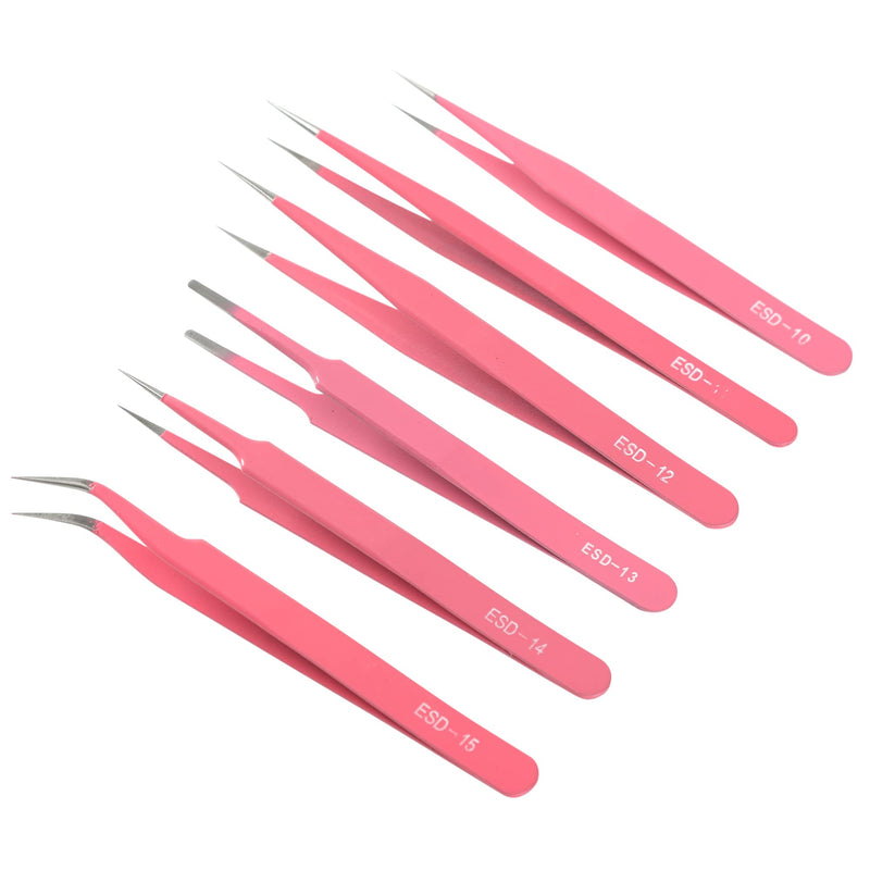 Pink Precision Tweezers 6PCS Set, Upgraded Anti-Static Stainless Steel Curved of Tweezers for Women, for Electronics, Laboratory Work, Jewelry-Making, Craft, with Storage Bag Pink