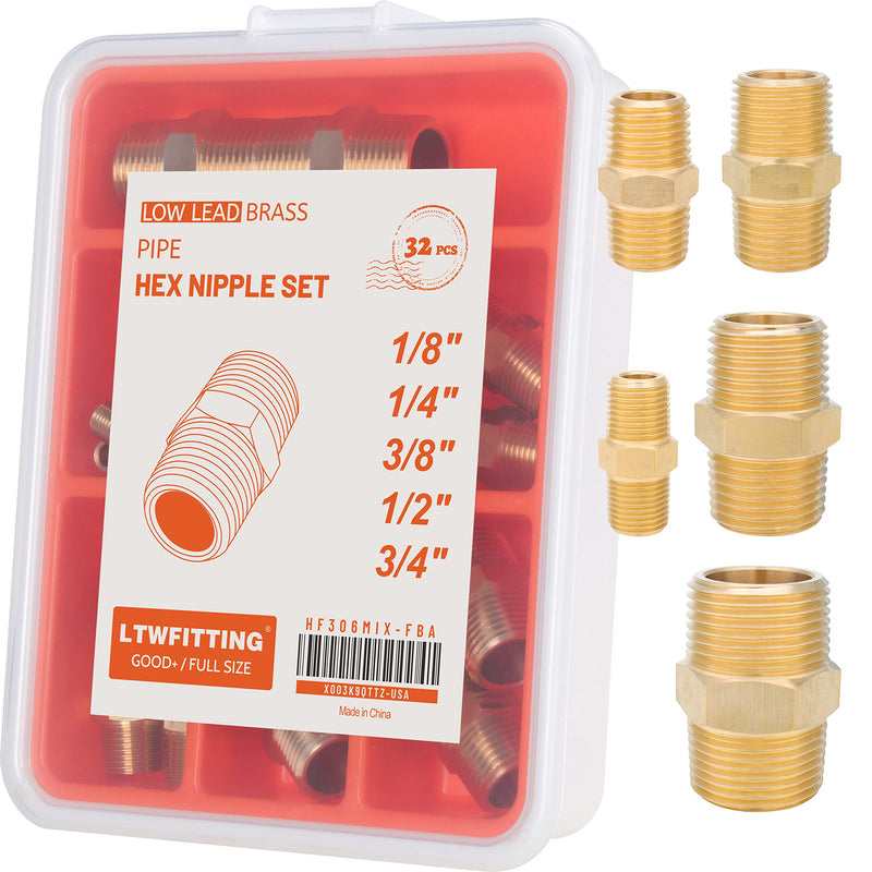 LTWFITTING Brass Hex Nipple Kit 1/8, 1/4, 3/8, 1/2, 3/4-Inch MPT (32pcs)