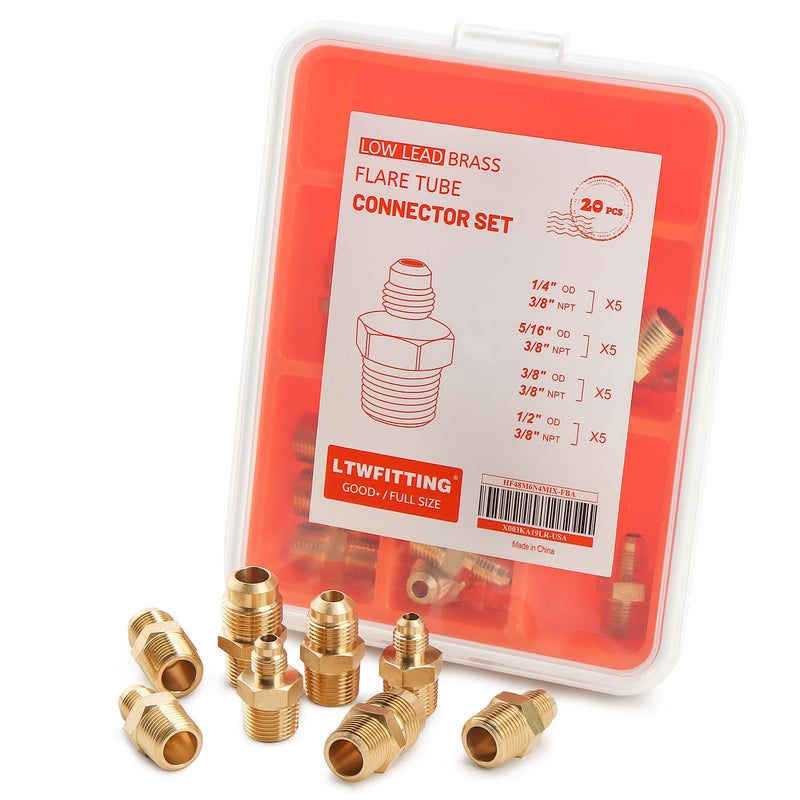 LTWFITTING Assortment Kit Tube OD (1/4-Inch 5/16-Inch 3/8-Inch 1/2-Inch) x 3/8-Inch Male NPT Brass Flare Connector Set (Pack of 20)