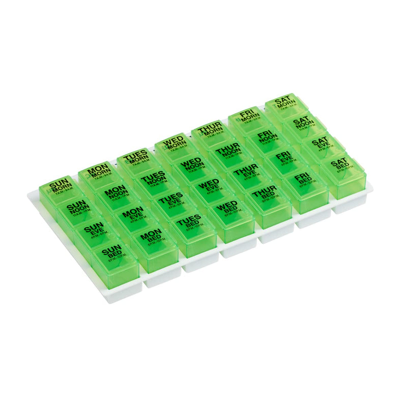 Ezy Dose Weekly (7-Day) Pill Organizer, Vitamin and Medicine Box, Large Pop-Out Compartments, 4 Times a Day, Green