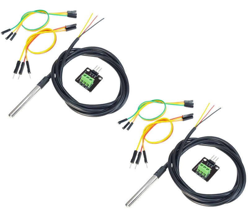 DS18B20 Temperature Sensor for Arduino, ESP32, ESP8266, Raspberry Pi, Waterproof Stainless Steel Probe, 2 Pieces With Adapter