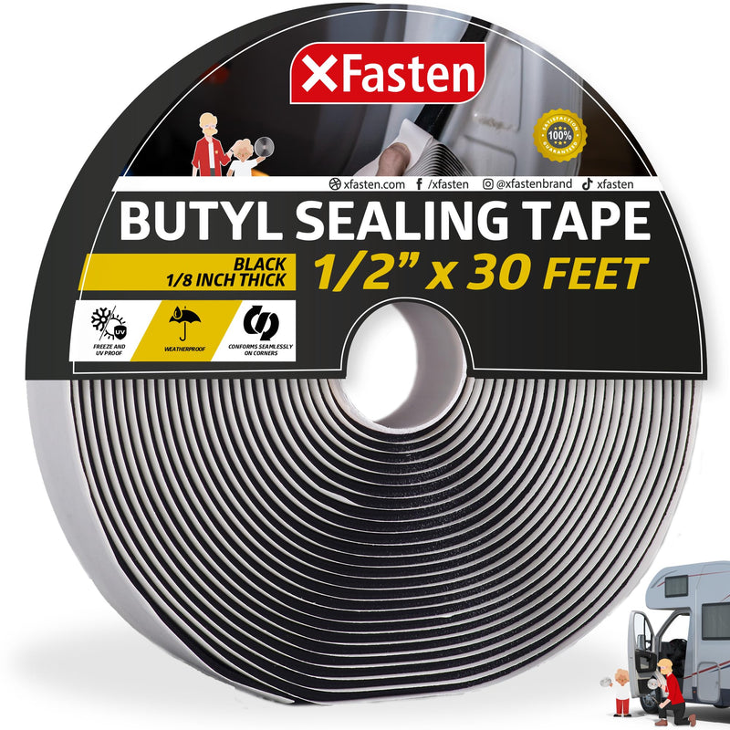 XFasten Butyl Tape Black 1/2” x 30’ x 1/8" Butyl Sealant Tape Headlight Sealant Putty Tape | Black Butyl Caulking Tape | Butyl Tape RV Putty Tape EPDM Automotive Butyl Rubber Window Sealant for RV 1/2” x 1/8” x 30', Single Pack