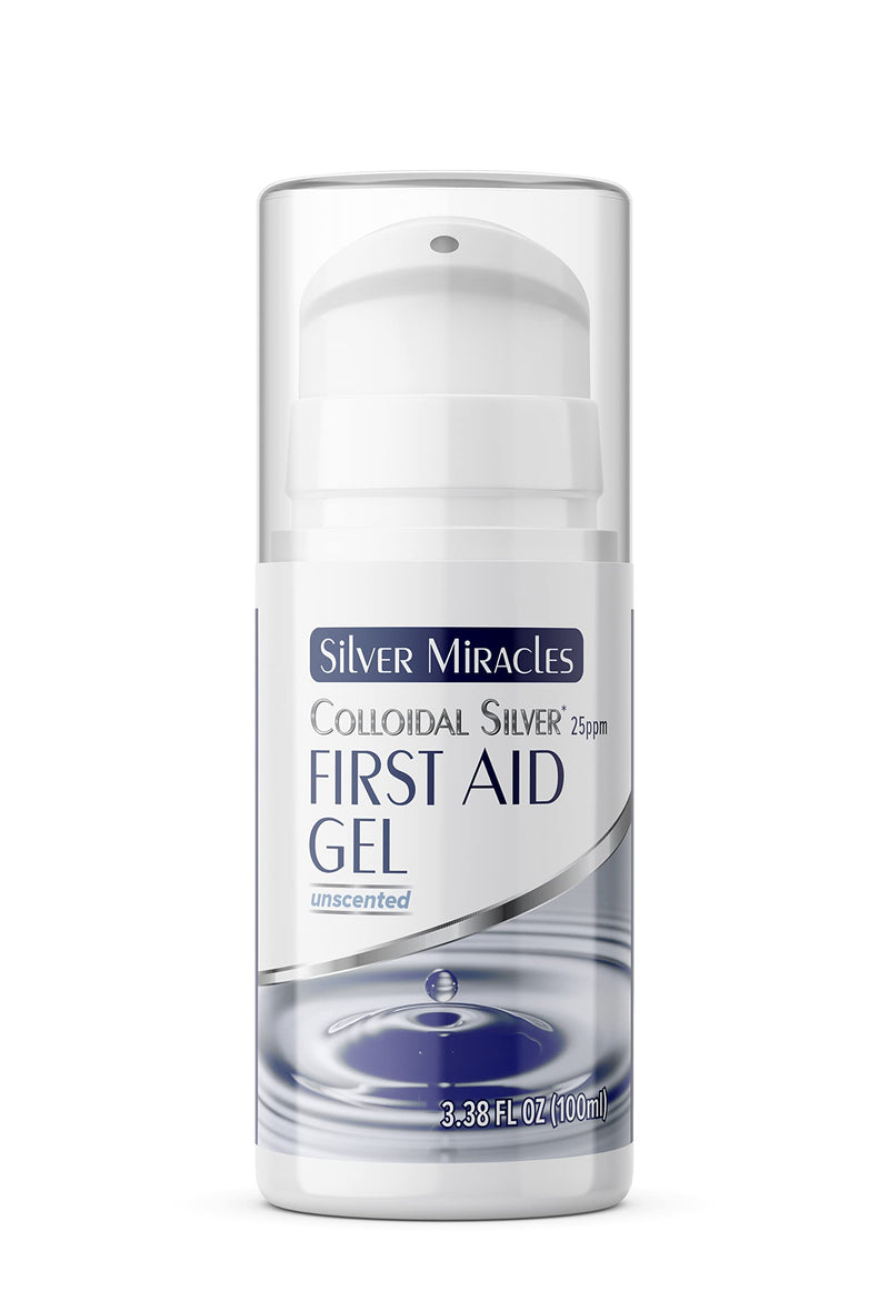 Silver Miracles - Colloidal Silver First Aid Gel - Airless Bottle - Nano Silver Gel Wound Care - Healing Ointment for Burns, Sunburns & Irritated Skin - Unscented -3.38 OZ - 25 PPM Unflavored 3.38 Ounce (Pack of 1)