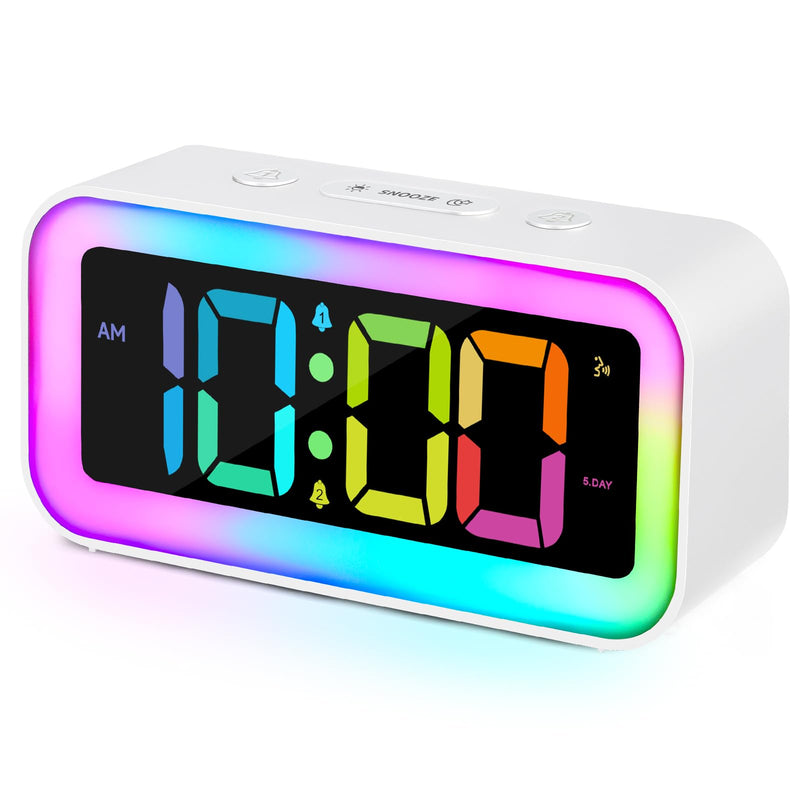 Cadmos Loud Alarm Clock for Bedrooms with Dynamic RGB Night Light,Heavy Sleepers Adults,Dual Alarm,Dimmer,USB Charger,Small Bedside Digital Clock with Led Display for Kids,Teens,Seniors (White) White