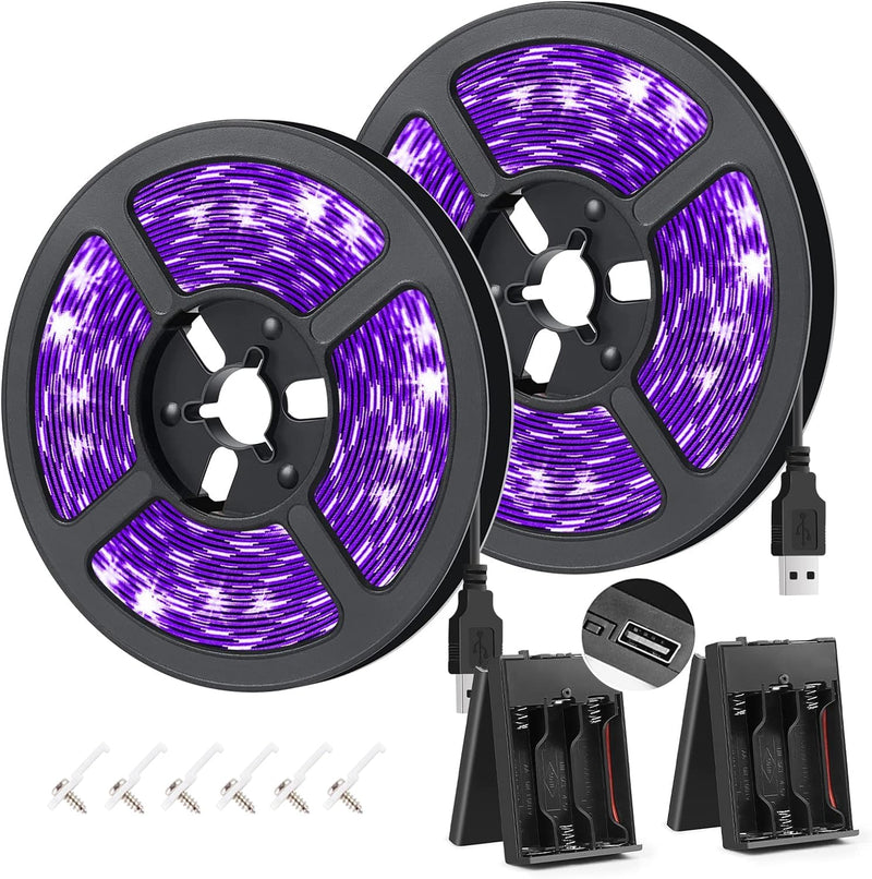 YGS-Tech 16.4FT UV Black Light LED Strip, 3528 385nm-400nm USB UV Light Strip, Non-Waterproof Blacklight Strip with Battery Box, for Fluorescent Dance Party Body Paint(2 Pack) Black Lights Strip