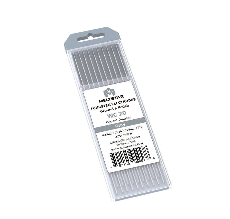 TIG Welding Cerium tungsten electrode 1/16” x 7” (Grey, WC20) 10-Pack 1/16” x 7” Grey