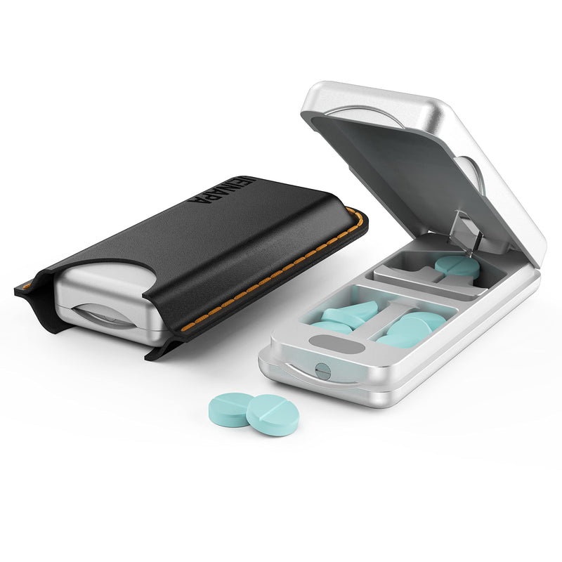 Aluminum Pill Splitter Cutter with Auto Centering Device, 316L Stainless Blade, Genuine Leather Case, Professional Pill Splitter for Cutting Small or Large Pills (Silver) Silver