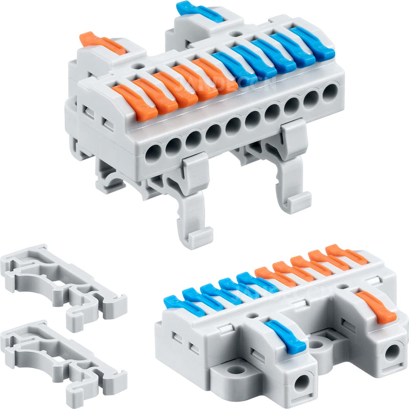 6pcs DIN Rail Terminal Blocks, DIY Splicing Wire Connectors for Circuit Inline 18-12AWG (2 in 10 Out) 2 in 10 out