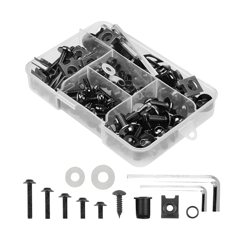 Motorcycle Fairing Bolt Kit, 177pcs M5 M6 Motorcycle Windscreen Screws, Aluminum Fasteners Fairing Bolts Nut Clips Kit, Mounting Kits Washers Nuts Screws Assortment for Sport Bikes (Black) Black