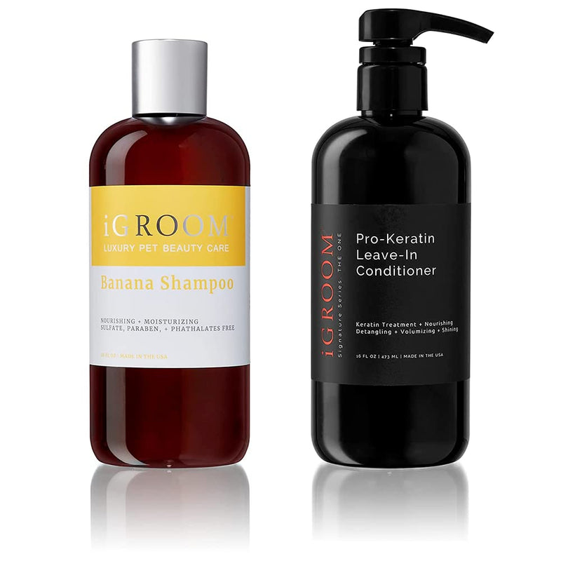 iGroom Dog Shampoo + Dog Conditioner Groomers Bundle - Banana Dog Shampoo Concentrate, Nourish & Moisturize, Nutrient Rich, 16 oz - Pro-Keratin Leave-in Dog Conditioner, Excellent Detangling, 16 oz - PawsPlanet Australia