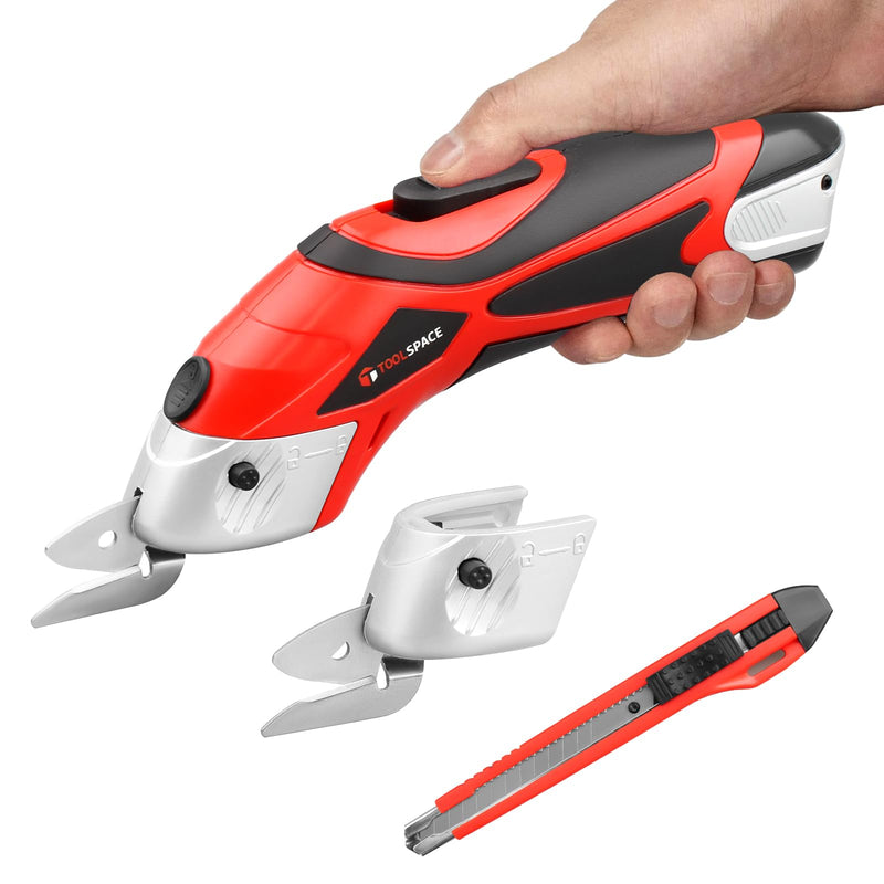 Cordless Electric Scissors with Two Blades, TOOLSPACE Electric Cardboard Cutter Electric Fabric Scissors for Cutting Fabric, 4V Lithium-Ion Rechargeable Battery, Easy Carry and Fast Charging Red/Black