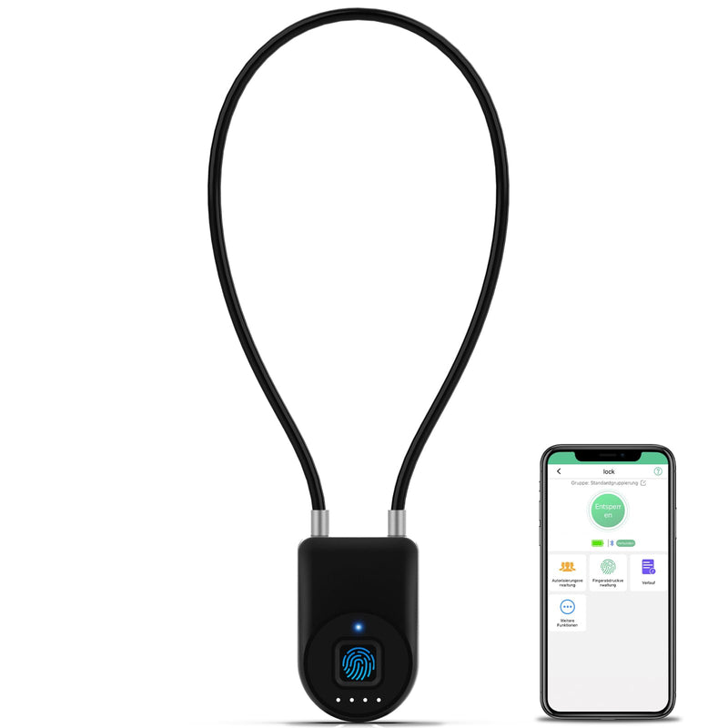 Fingerprint Cable Lock, 6" Long Cable Smart Padlock with Fingerprint Bluetooth APP, Keyless Biometric Waterproof Outdoor Gate Lock for Refrigerator French Door Fence Backyard Pantry Black 6" Shackle