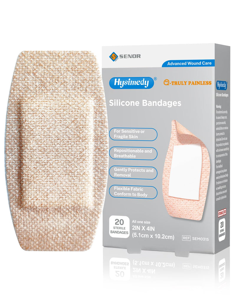 Silicone Bandages Extra Large Size for Sensitive Fragile Skin - 2" x 4" 20 Counts - Latex Free Non Allergenic Hypoallergenic Painless Removal Flexible Fabric Bandages