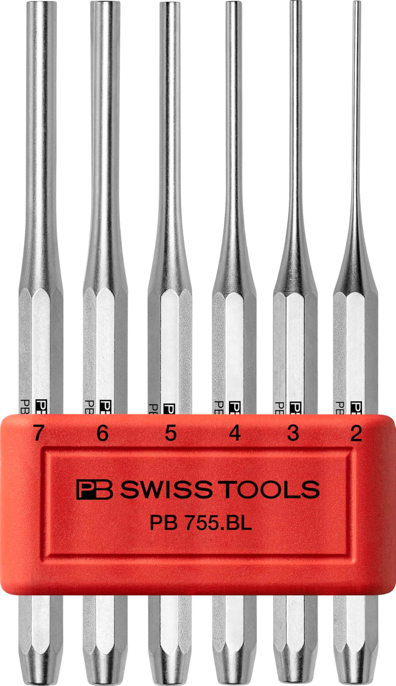 PB Swiss Tools Pin Punch Set PB 755.B CN | 100% Swiss Made | 6-Piece Drift Punch Set 2-8 mm, Made of Octagon Steel, in Practical Holder