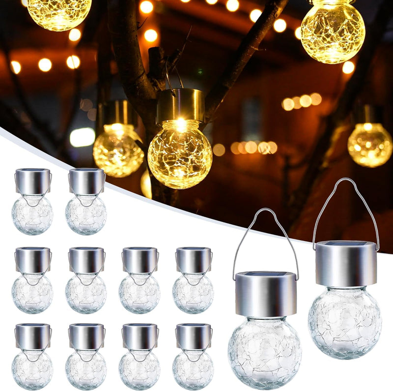 GIGALUMI Solar Lights Outdoor Waterproof ,12 Pack Solar Hanging Lights Garden Decor,Gifts for Women Mom Grandma,Solar Outdoor Lights Lantern Cracked Glass for Yard, Fence, Tree(Warm White) 12 PACK Warm White