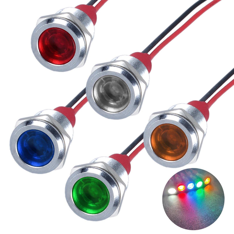 5Pcs 12V-24V Energy Saving LED Indicator Light Mounting Hole 12mm (0.47") 20mA Waterproof Wide Flat Head Signal Lamp Pilot Dash Directional with Wire (Mixed Color: White Red Yellow Blue Green) Mix