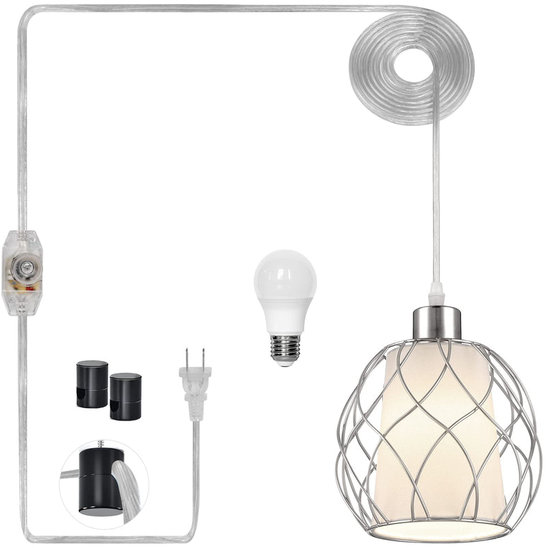 Plug in Pendant Light,Hanging Light with Plug in Cord,Silver Hanging Lamp with Dimmable Switch,15 ft Clear Cord,Hanging Light Fixture for Kitchen Island Living Room Bedroom (Bulb Included) Silver