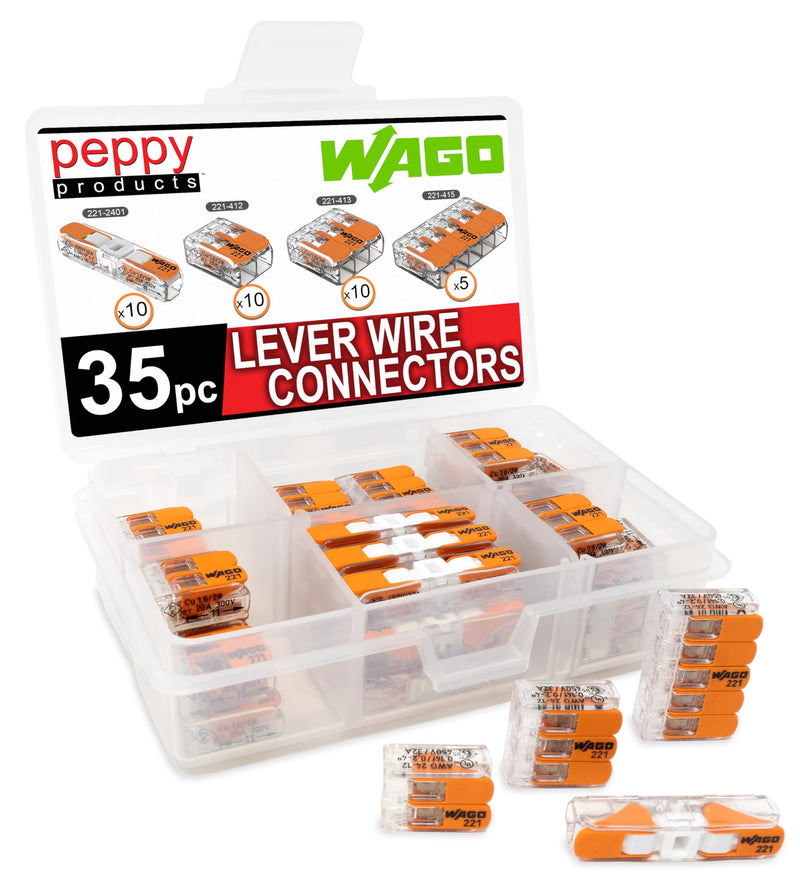 WAGO 221 Lever Nuts 35pc Compact Splicing Wire Connector Assortment with Case. Includes (10x) 221-2401, (10x) 221-412, (10x) 221-413, (5X) 221-415