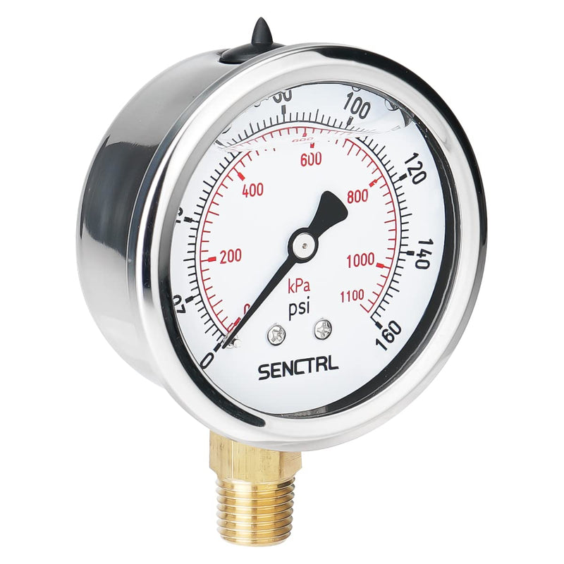 SENCTRL 160 Psi Lead-Free Glycerin Liquid Filled Low Pressure Gauge, 2.5" Dial Size, 1/4" NPT Lower Mount, Stainless Steel Case, for Home Potable Water Pump, Air, Well, RV Hose, Pressure Test 0-160Psi Lower Mount (Lead Free)
