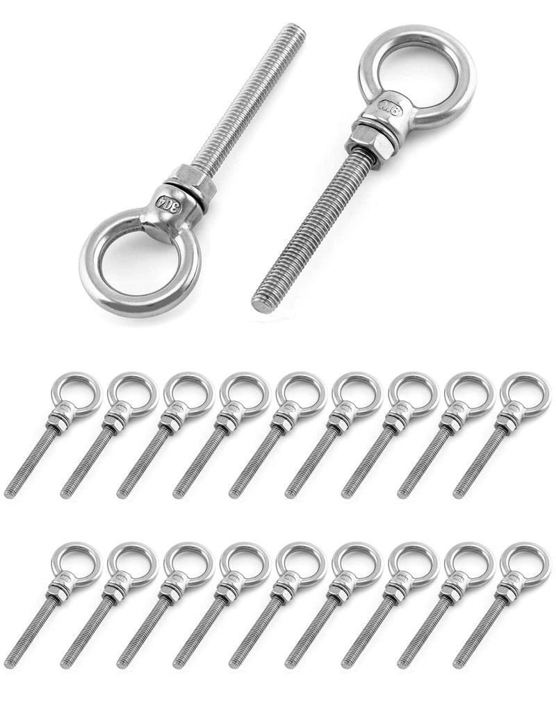 QWORK Threaded Eyebolts, 20 Pack 1/4" x 2" Long Stainless Steel Marine Grade Shoulder Eye Bolt 1/4" x 2"