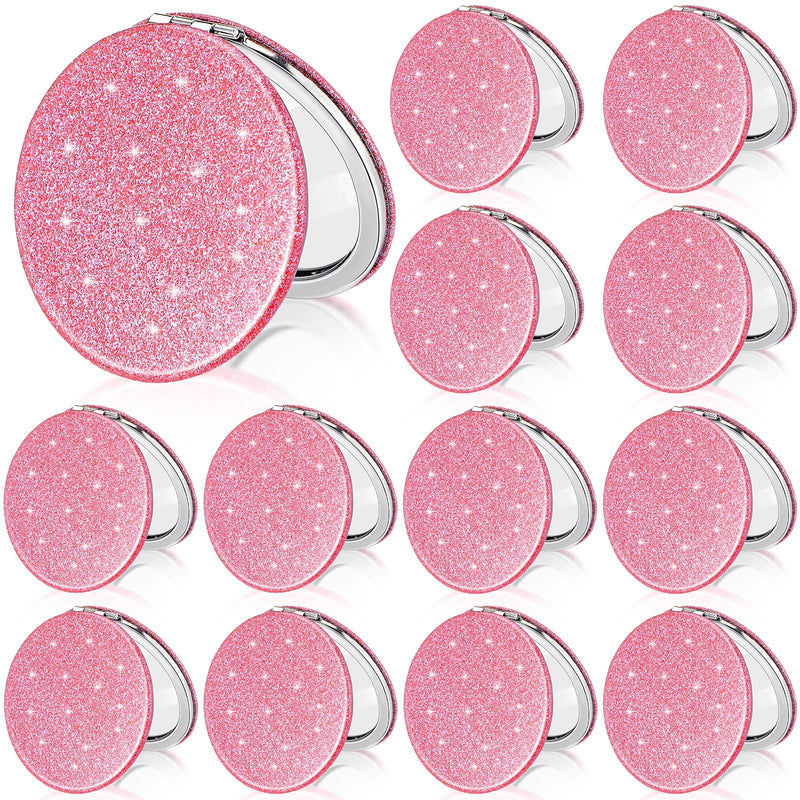 Weysat 12 Pcs Cute Pink Compact Mirrors for Women Galentine's Day, Small Magnifying Travel Makeup Mirror with Glitter, Mini Double-Sided Portable 2x/1x Magnification Folding Pocket, PU Leather, Gift