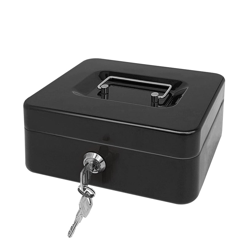 Steel Cash Box with Key Lock, Metal Small Money Organizer with Money Tray,Cash Storage Box with Lockable Cover (Black - 8 inch) Black - 7.8" x 6.3" x 3.3"