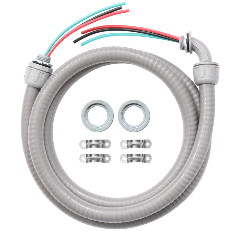 Power Whip Assembly Kit -1/2" x 4ft Non-Metallic Liquid Tight with 10 Gauge Wire Electrical AC Whip Kit Flexible Electrical Conduit & straight/90°Fittings