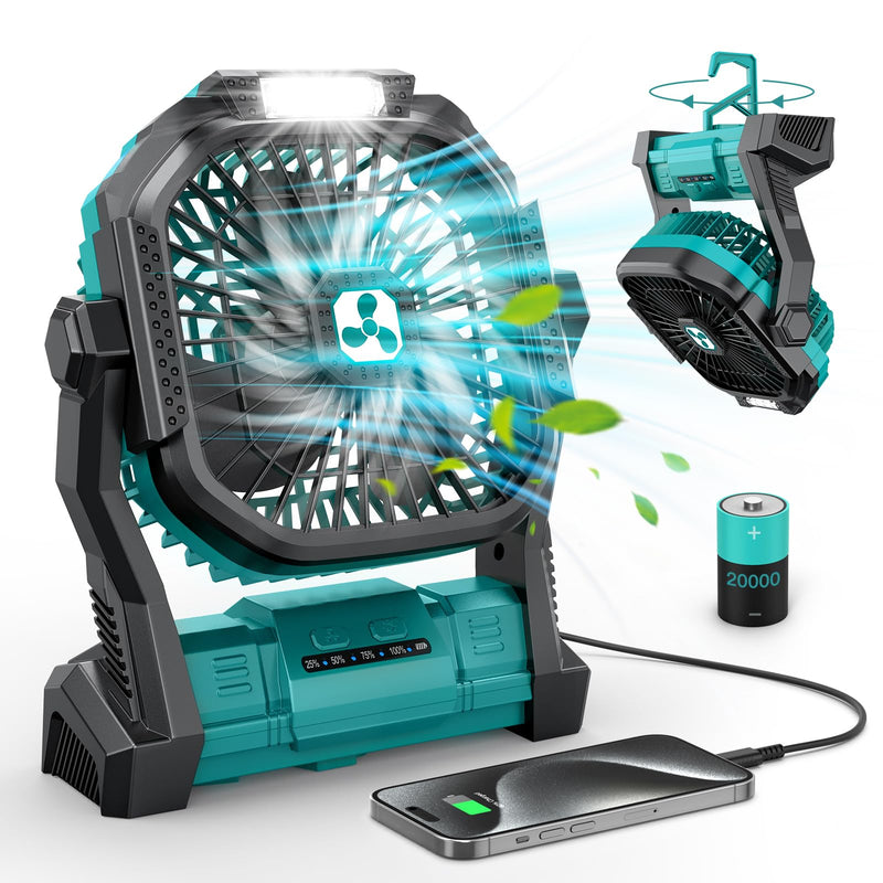 ONLYNEW Portable Fan Rechargeable, 20000mAh Cordless Battery Powered Fan with LED Lantern, USB C Battery Operated for Travel Bedroom Home Camping Tent Office Beach Desk Fishing Table Medium Green
