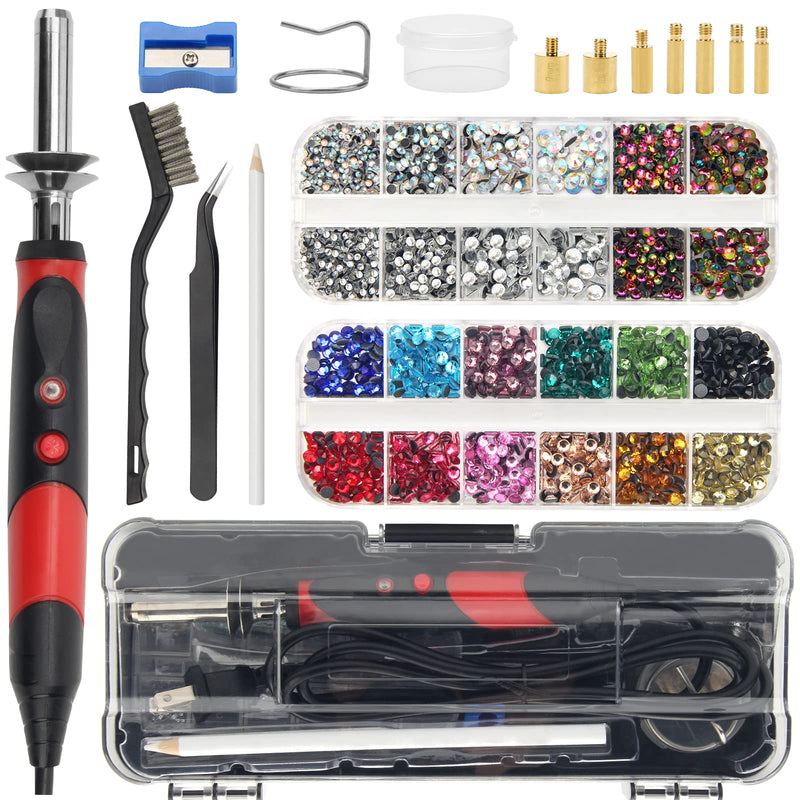 Catcan Hotfix Applicator Tool, Hotfix Rhinestones Applicator Bedazzler Kit with 2 Boxes AB Crystal Rhinestones Picker Tool, 7 Tips/Tweezers/Pencil/Brush DIY for Crafts red