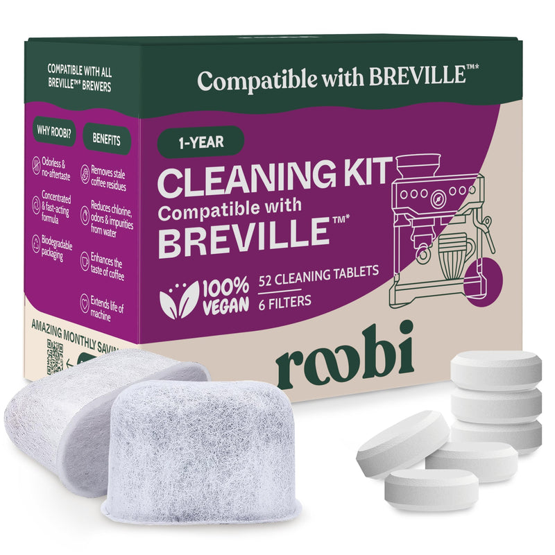 Roobi Breville Compatible Espresso Machine Cleaning & Maintenance Kit. Includes 52 Breville Cleaning Tablets and 6 Water Filters. Carbon Neutral. 1 Year Supply. Cleaning Kit