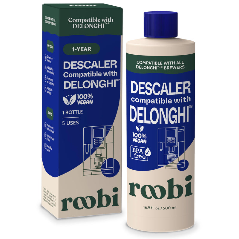 DeLonghi Compatible Descaling Solution. Clean & Descale your DeLonghi Coffee Maker. Single Bottle. Eco-Friendly Concentrated Formula. Carbon Neutral Cleaner Descaler Solution