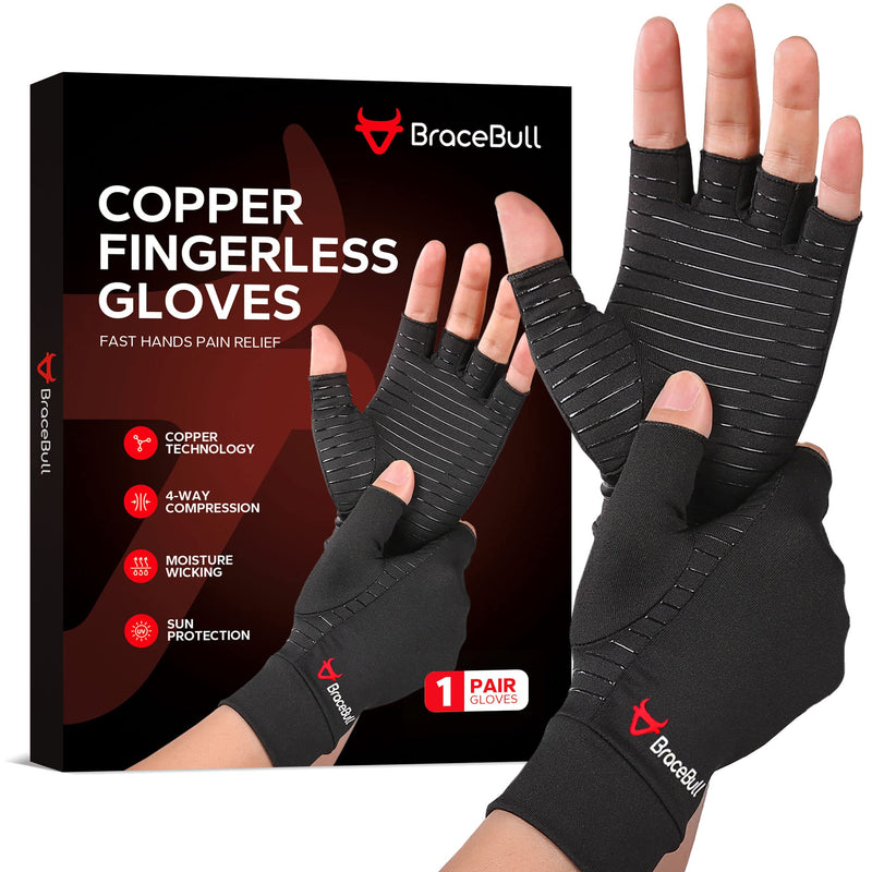 BraceBull Arthritis Gloves (1 Pair), Copper Infused Fingerless Compression Gloves, RSI and Relieve Hand Pain for Women & Men Medium