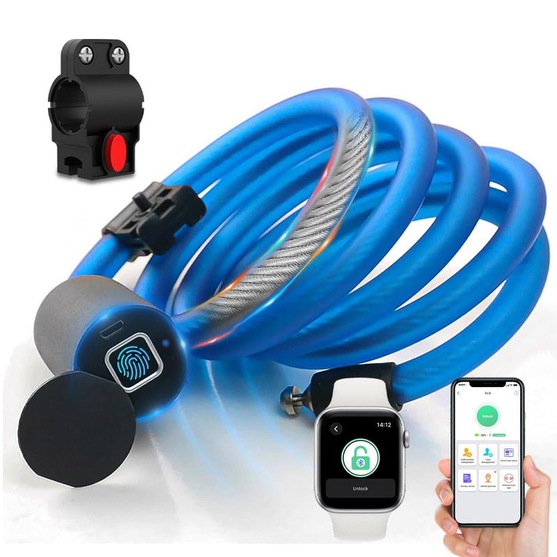 Bike Lock Keyless Combination Cable Lock eLinkSmart: Blue Waterproof Cable Lock 150cm Long Steel for Bicycle Scooter Motorcycle Door Fence Gate - Fingerprint Unlock via Phone App iOS Watch 150cm-blue