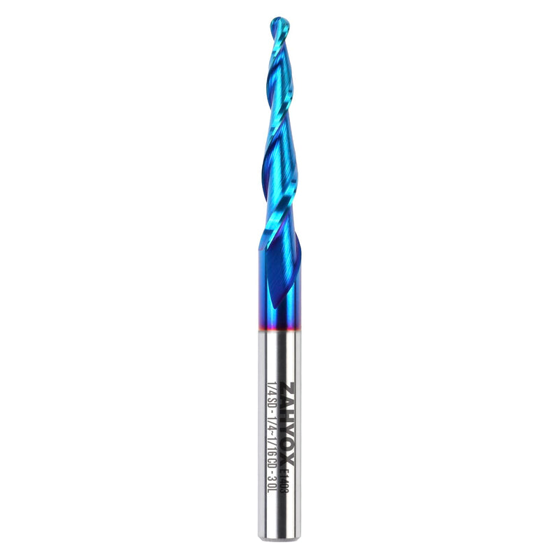 ZahyoX 3D Carving Tapered Angle Ball Nose CNC Bit, 3.0 Degree NACO Coated Router Bit, 1/16" Cutting Dia, 1/32" Radius, 1/4" Shank, 3" Overall Length, 2 Flutes, CNC Router Bits, CNC End Mill