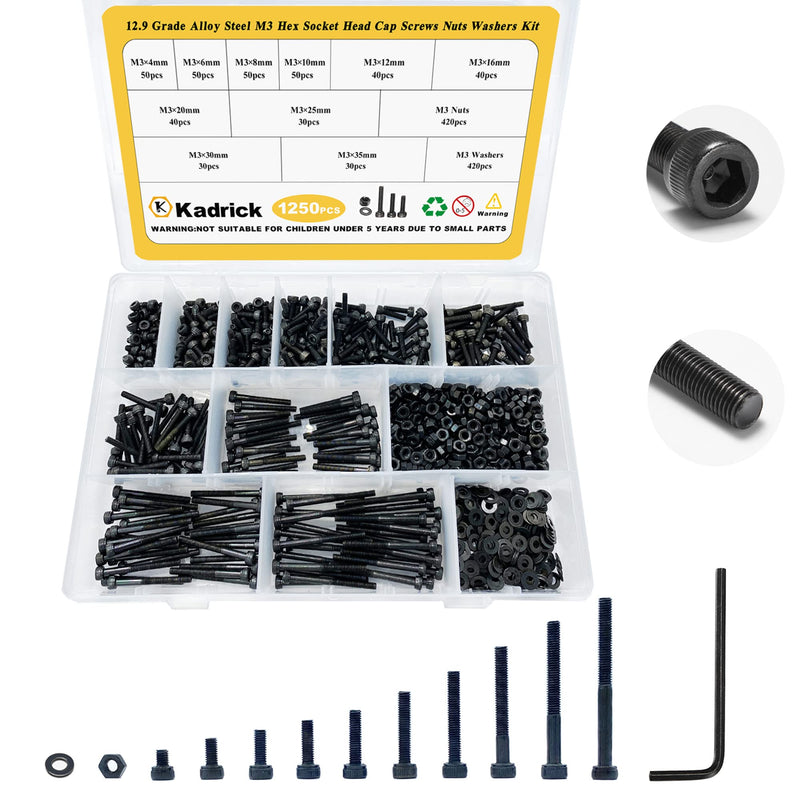 Kadrick 1250 Pcs M3 Screws and Nuts Assortment M3x4MM-35MM, Hex Socket Head Cap Metric M3 Machine Bolts Kit, 12.9 Grade Alloy Steel,Anti-Rust Up Graded,Black Zinc Plated,Free Allen Head Wrench 1250Pcs M3 4mm-35mm