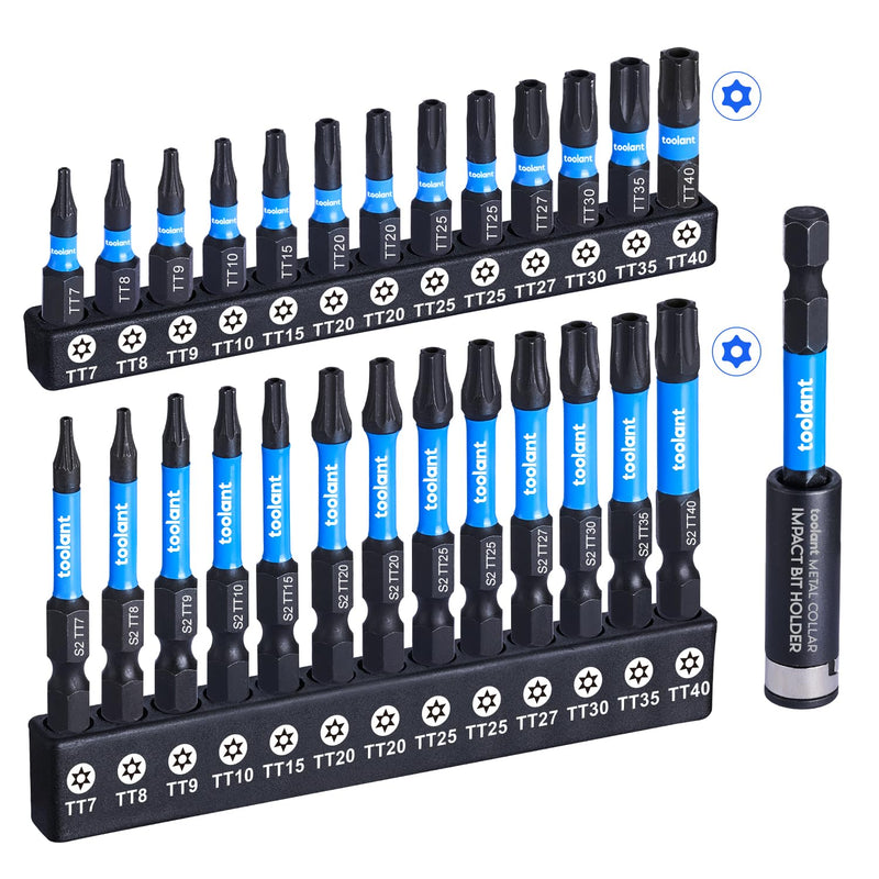 toolant Impact Torx Bit Set 27pcs (TT7-TT40), S2 Steel Security Torx Bit Set, Tamper Proof Star Bit Set with CNC Machined Tips, 1"&2" Long Impact Bits with Magnetic Bit Holder and Storage Box 26+1PCS