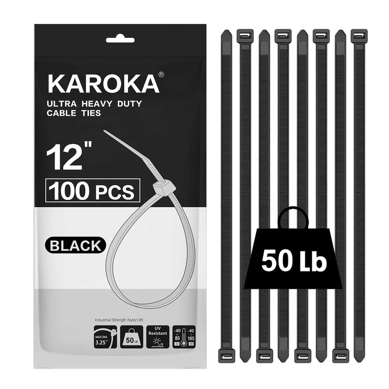 Zip Ties 12 inch (100 Pack), Black, 50 lb, UV Resistant Cable Ties for indoor and outdoor use, by Karoka 12" (100 Pack)
