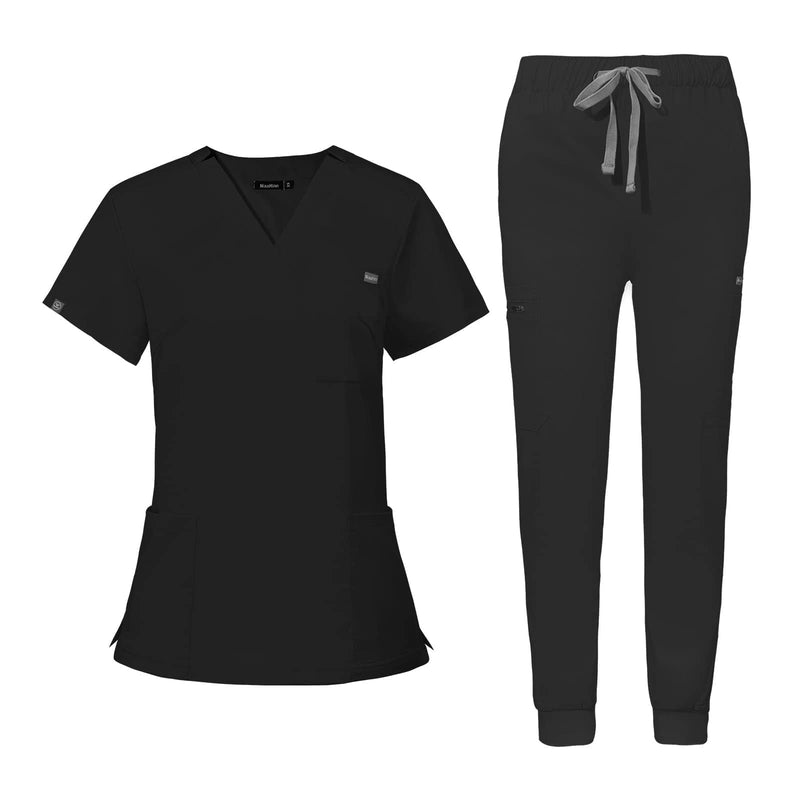 niaahinn Scrub for Women Scrubs Top with Classic V-Neck & Yoga Jogger Pants Medical Nursing Uniform Scrub Set Small Black