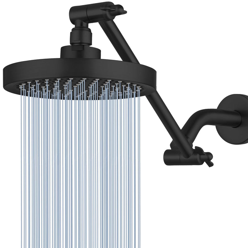 High Pressure Rain Shower Head with 11'' Extension Arm - High Flow Rainfall Showerhead - Luxury Modern Look - Pressure Boosting (Round, Matte Black) 6" Round