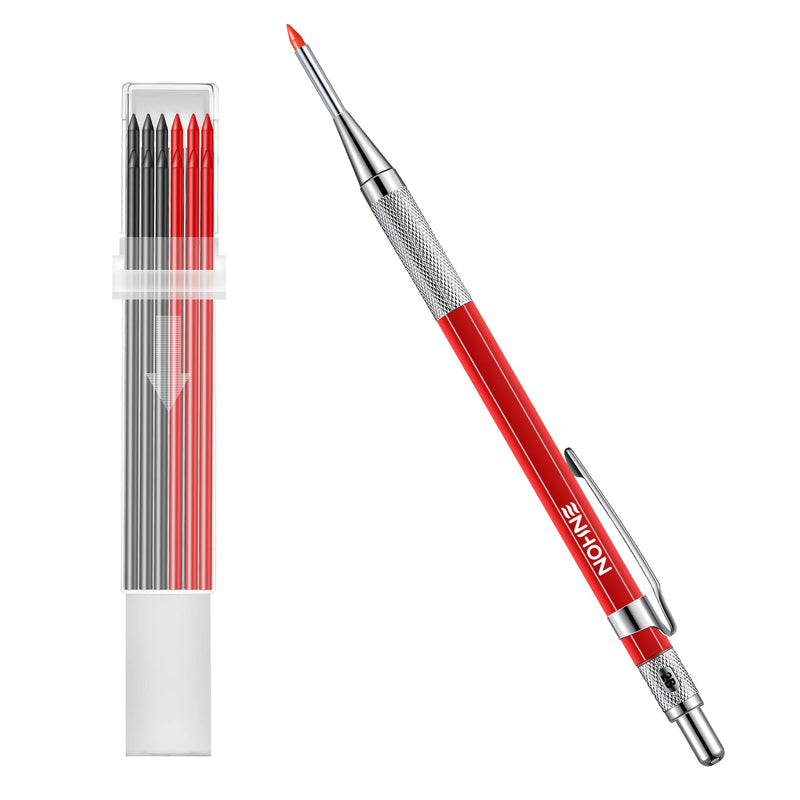 Enhon 2mm Mechanical Carpenter Pencil Set with 12 Marker Refills and Sharpener, Woodworking Marking Tool Solid Deep Hole Construction Pencil, Extended Needle-Nose Tip for Use in Jobs (Black, Red) Black, Red