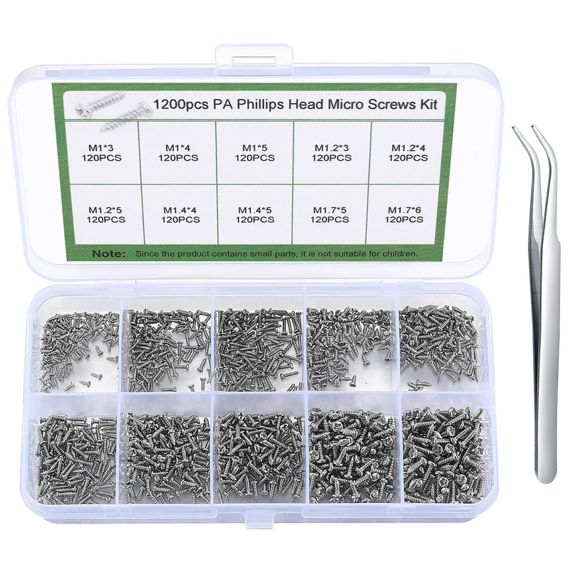 1200 Pcs Mini Screw kit, M1/M1.2/M1.4/M1.7 Micro Phillips Head Pan Head Screws, Small Self-Tapping Electronic Screws Kit, Sunglasses Watch Repair Round Head Screws