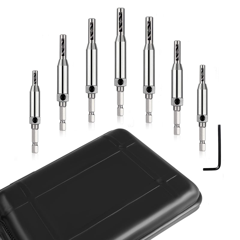 Self Centering Drill Bits Set for Hinges, Center Drill Bits VIX Bit Set with Black Plastic Storage Case for Wood Woodworking Door Window Cabinet Hinge Total 9 PCS (Silver)