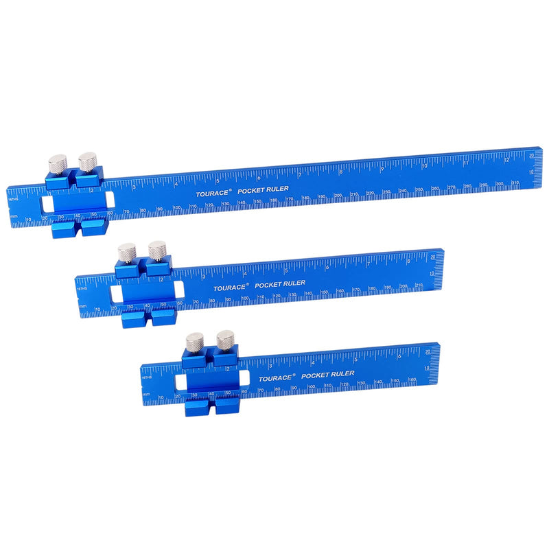Aluminum Woodworking Rulers with Slide Stop (3 Pcs) Precision Pocket Ruler Metal T Track Ruler, Square Ruler Inch and Metric Marking Measuring Scribing Ruler TT081