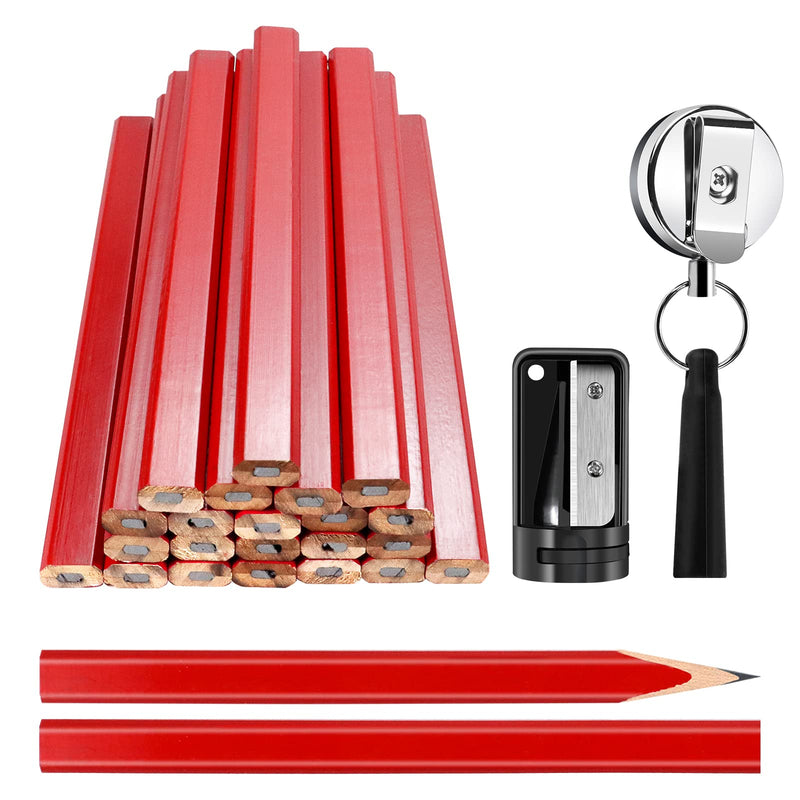 Rcybeo Carpenter Pencils 24pcs Construction Pencil 7 Inches Flat Black Carpenter Pencil with Pencil Sharpener Retractable Carpenter Pencil Holders for Woodworking Marking Tool (red) Red