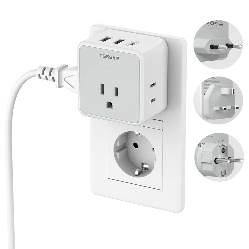 TESSAN All European UK Travel Plug Adapter Kit, International Detachable Converter with 3 Outlet 3 USB Charger (1 USB C), Type C/G/E/F EU Ireland Power Adaptor, US to Europe Italy Spain France Greece White/Grey